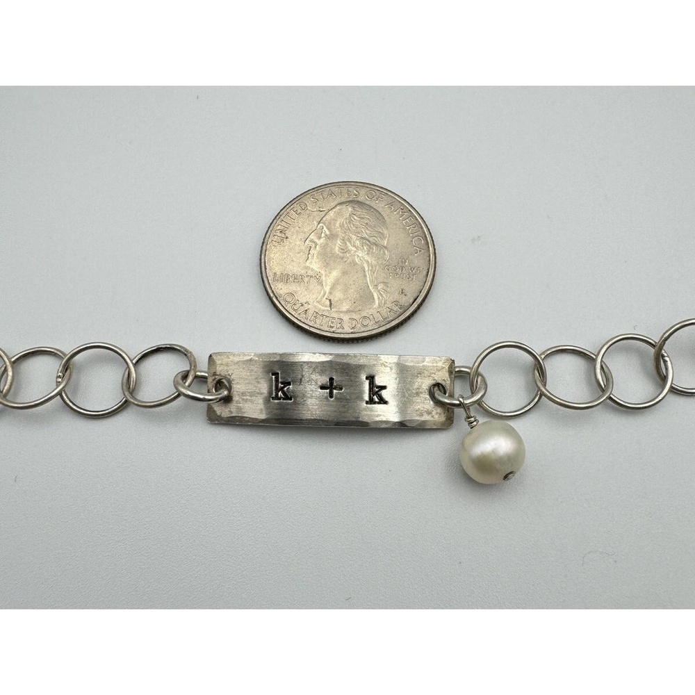 Sterling Silver 925 K&K Initial Plate Circle Link 8" Bracelet Pearl‎ Accents - Picture 6 of 8